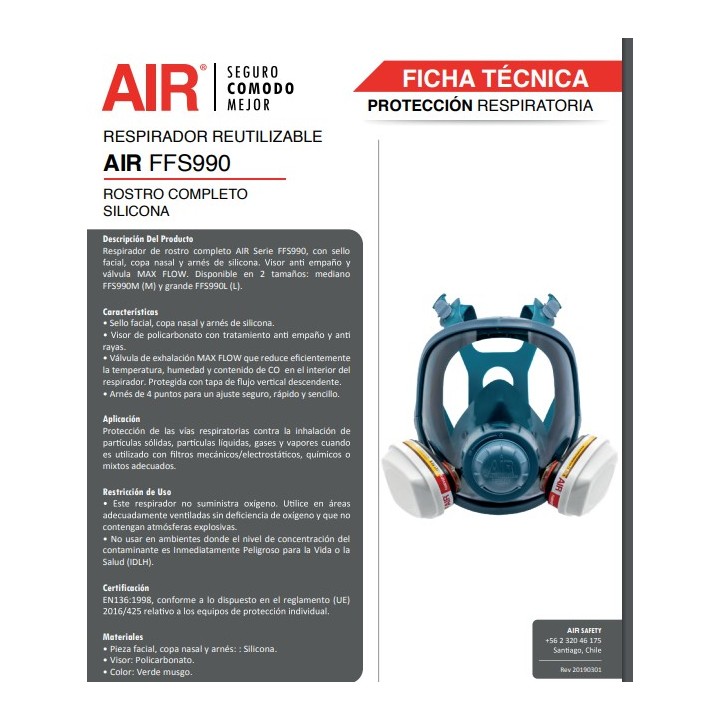 Respirador Air Safety Cara Completa Silicona Talla M FFS990M