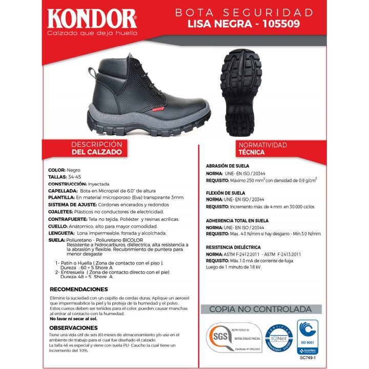Bota Lisa Kondor Negro Rh Dielectrica Sin Puntera
