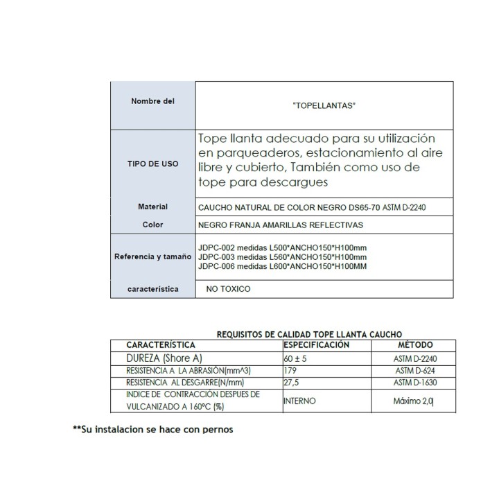 Tope Llanta Caucho MLC Sin Tornillos