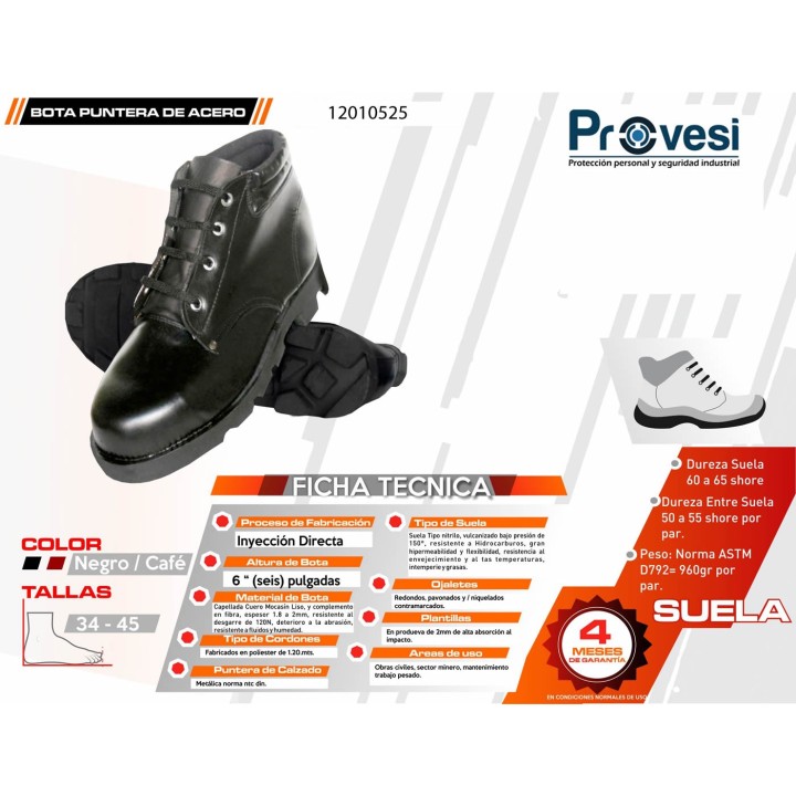 Bota Seguridad Cuero 102 Negro Con Puntera Cementada