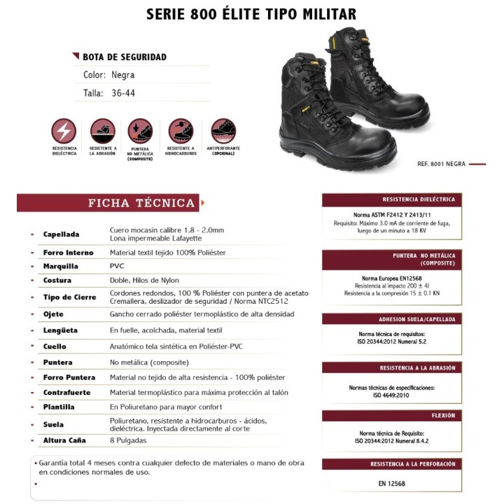 Bota Seguridad Terrano Elite Militar Caña Media 8 In Negro C/P
