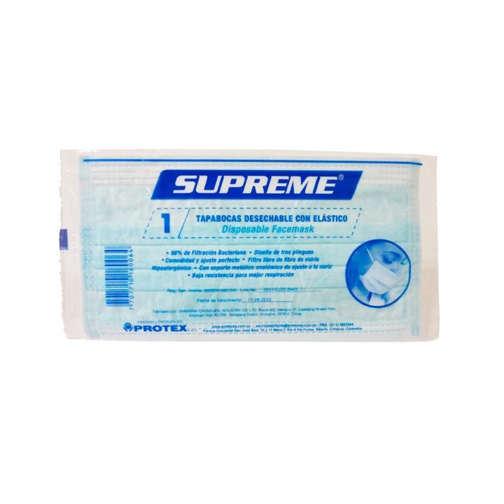 Tapabocas 3 Pliegues x 50 Und (Tapabocas Quirurgico) Empaque Individual Supreme