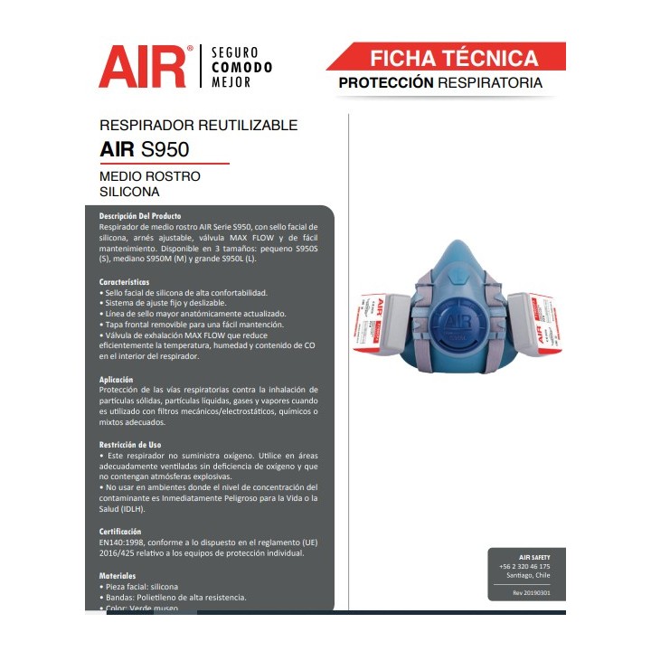 Respirador Air Safety Media Cara Silicona Talla M S950M