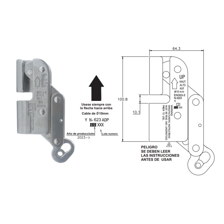 Freno Arrestador Anticaidas para Cable o Guaya 3/8 10mm YOKE