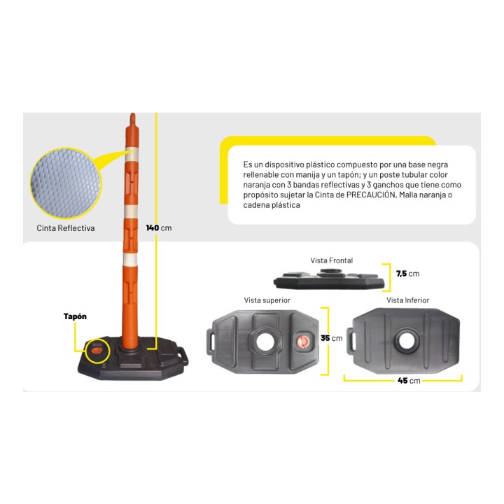 Señalizador Vial Tubular Base Negra (Baliza) 3 Reflectivos