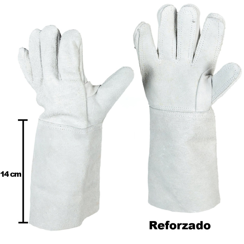 Guantes de Carnaza Largo 14 Cm Reforzado Carnaza 5 Dedos