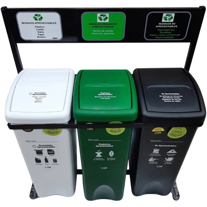 Punto Ecologico 55 Litros 4 Puestos con Techo Negro-Blanco-Verde-Rojo CLP