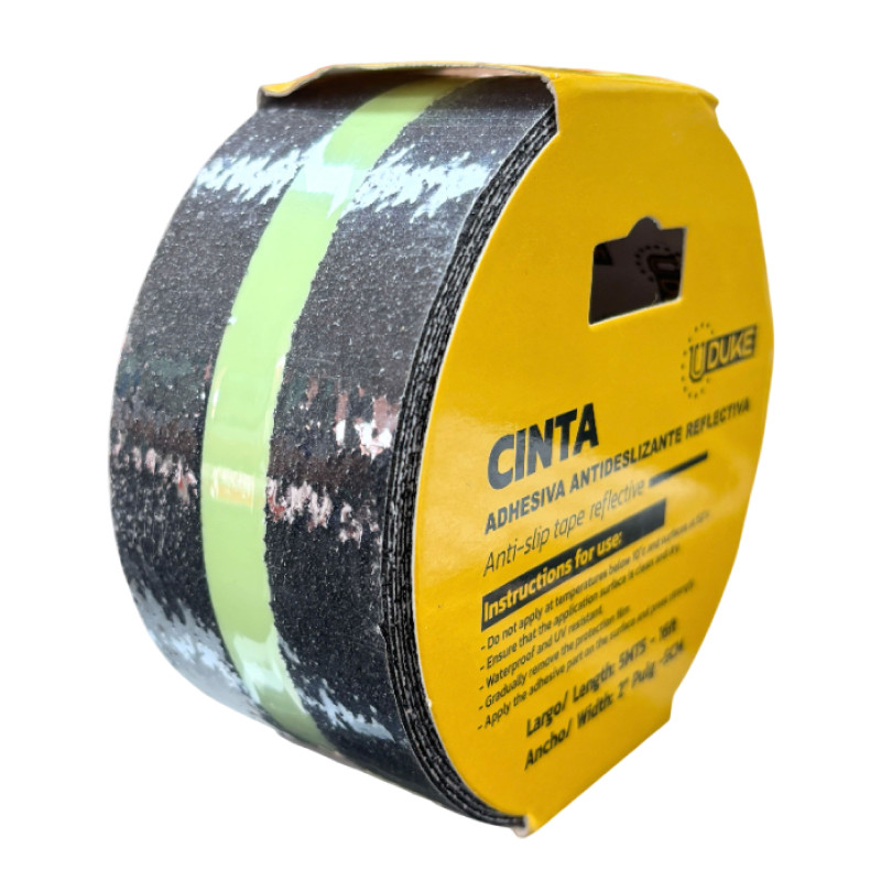 Cinta Antideslizante Reflectivo Fotoluminicente Negra 5 Mtrs x 5 cm Uduke