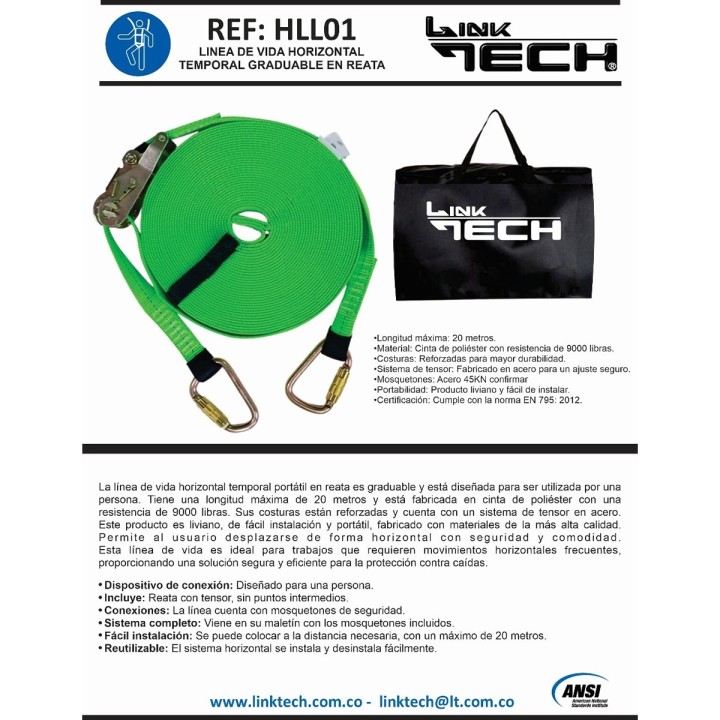 Línea de Vida horizontal Reata 20 Mtrs HLL01 Linktech LT8020